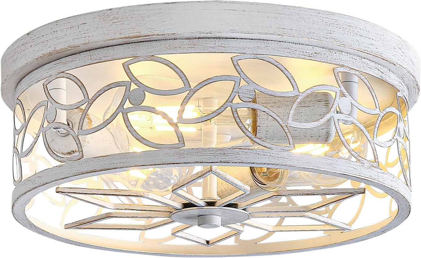 12.6" Gold Accent Flush Mount Ceiling Light, 3-Light Floral Metal Ceiling Fixture with White Distressed Finish, Farmhouse Hallway Light for Kitchen Entryway Bedroom, E26 Base, Round Flower Design