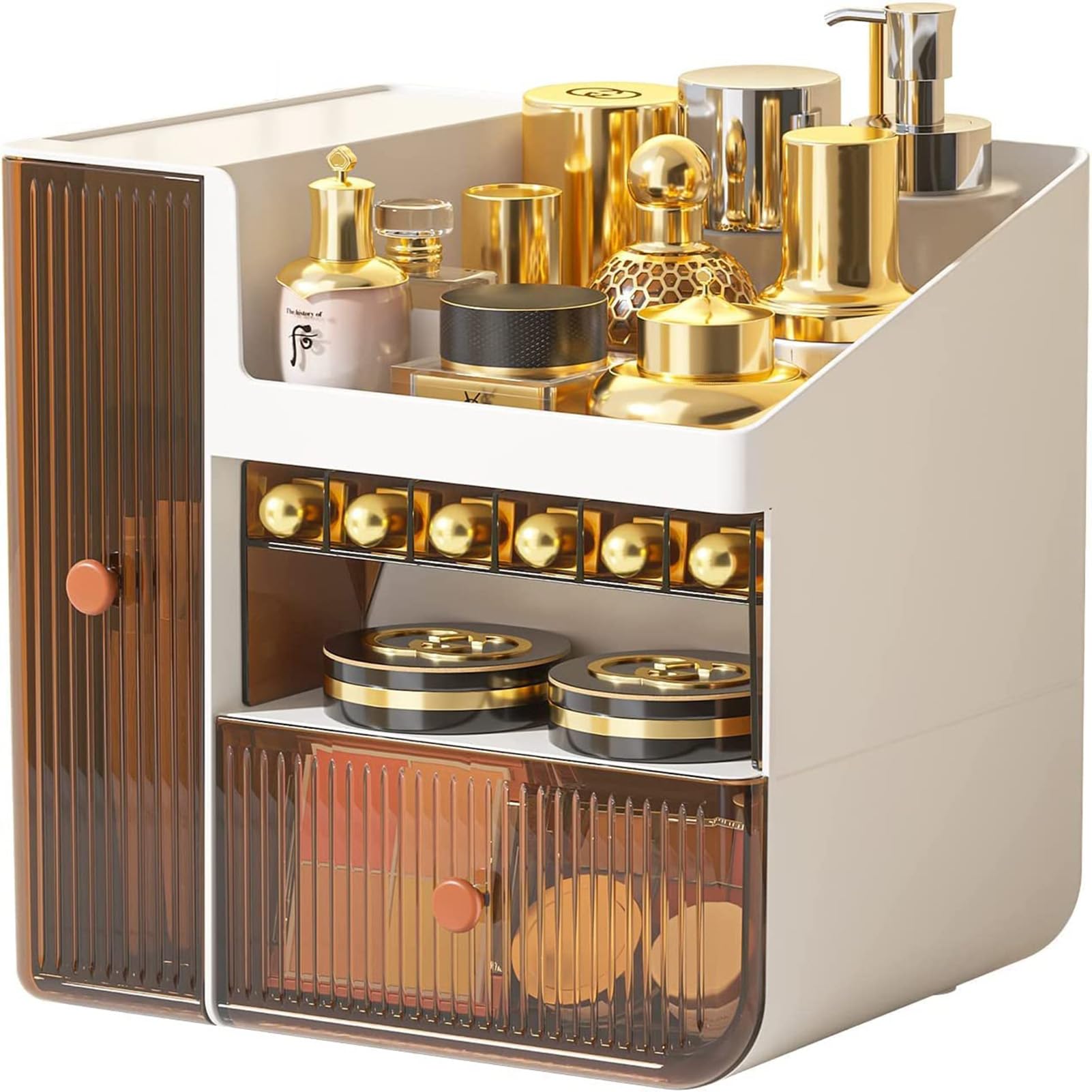 Makeup Organizer, Large Capacity Cosmetic Desk Organizer,Display Storage Box with Removable Lipstick and Brush Holder, Skincare Organizers for Dresser and Washroom