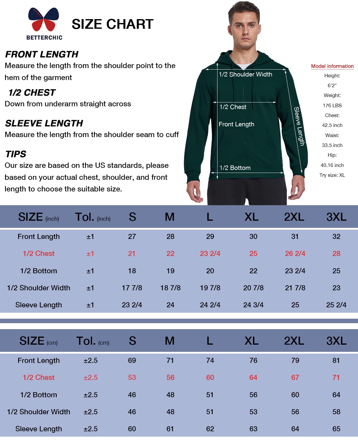 BETTERCHIC Męska bluza z kapturem sportowa miękka szczotkowana bluza polarowa z kapturem sznurek na zamek błyskawiczny bluza z kapturem rozmiar S-3XL, ZIELONY, XL