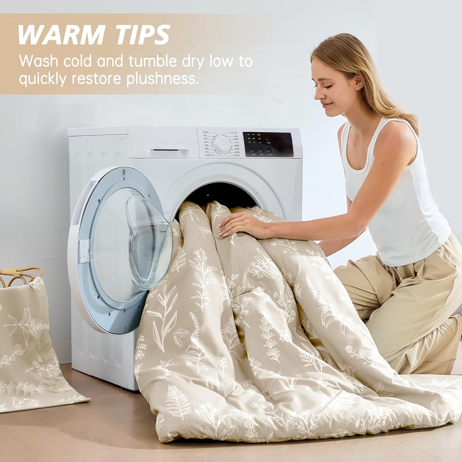 MUXHOMO Beige Full Comforter Set, Elegant Floral Print Bed in a Bag 7 Pieces, Ultra Soft & Breathable Reversible Botanical Pattern Bedding Set with Comforter, Sheets, Pillowcases, and Shams - Image 9