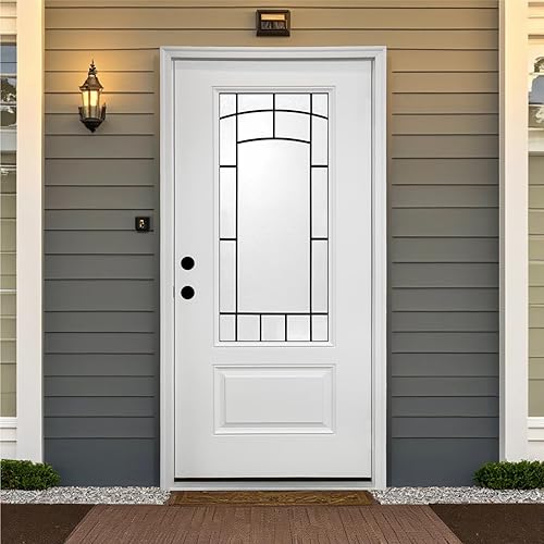 36'' x 80" Glass Entry Door with Brickmould, 4-9/16" Frame Width, 3/4 View Frosted Glass Front Door, Fiberglass Exterior Door, Right Hand Inswing, White