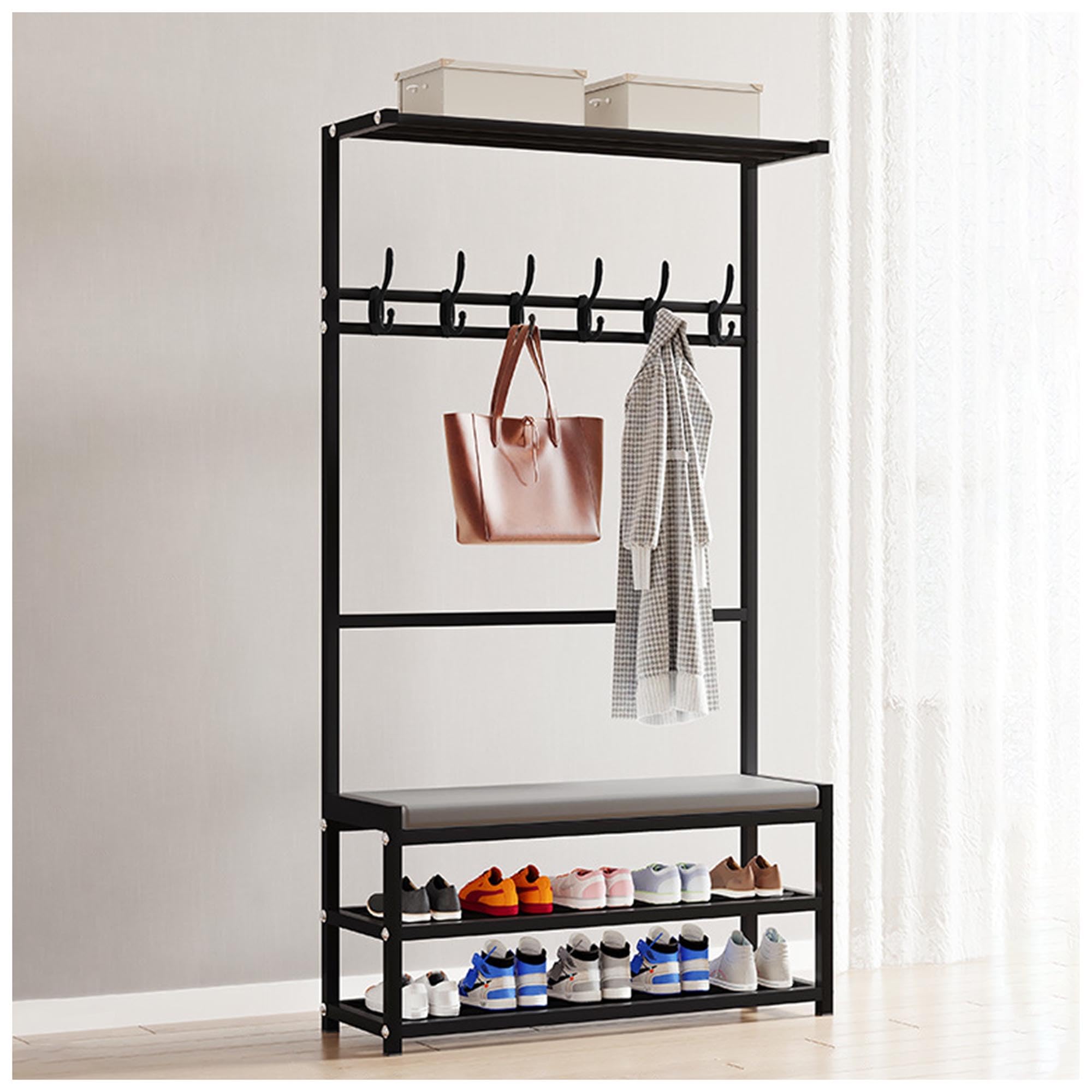 MYUYEE Entryway Bench With Coat Rack, 4-In-1 Hall Tree With Soft Cushion Storage Bench, Shoe And Coat Rack Freestanding, Multifunctional Home Orga(Black-75X26X160Cm)