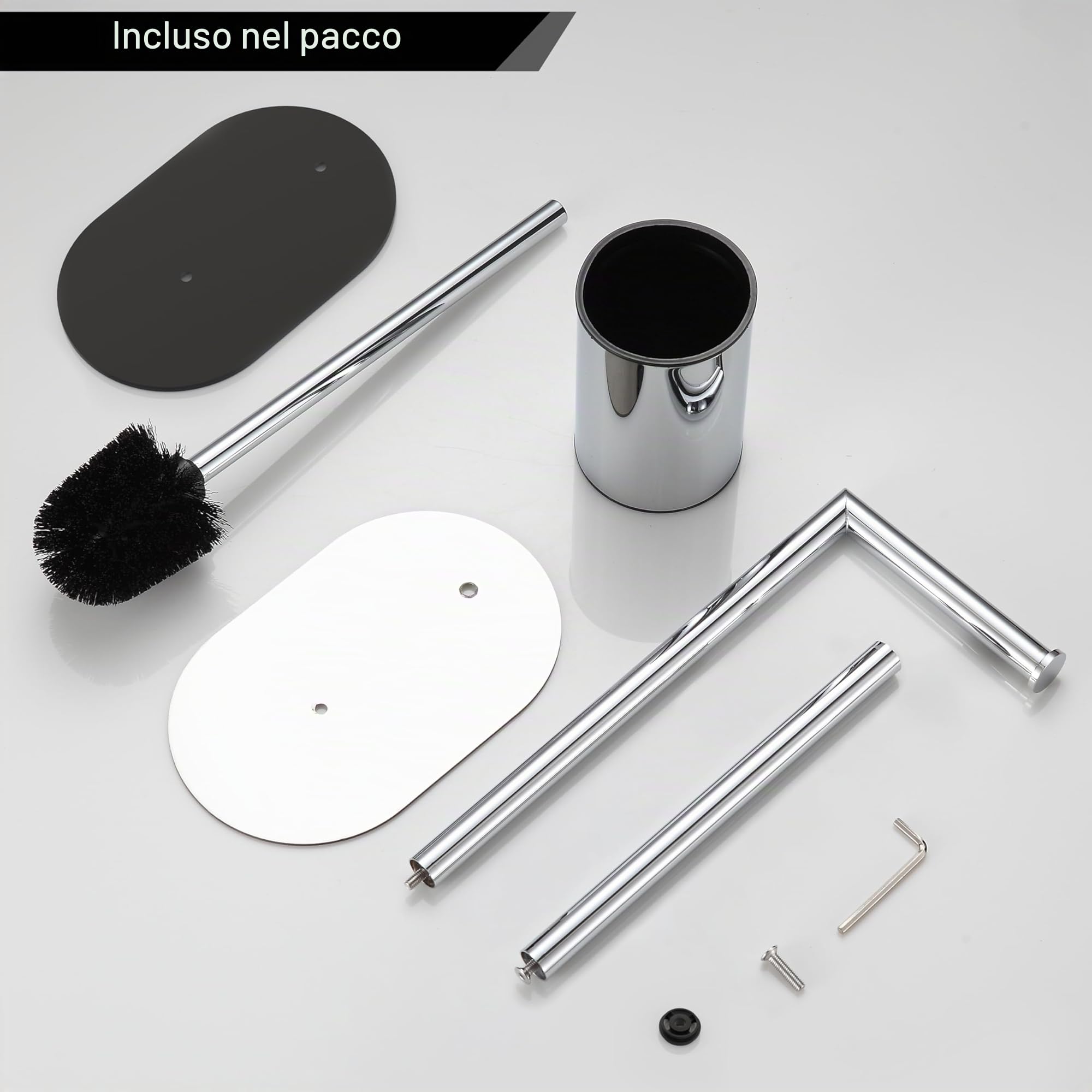 BVL Piantana Portarotolo e Scopino Spazzolato, Scopino WC con Porta Carta Igienica in Acciaio Inox, Porta Carta Igienica da Terra Scopino Bagno WC