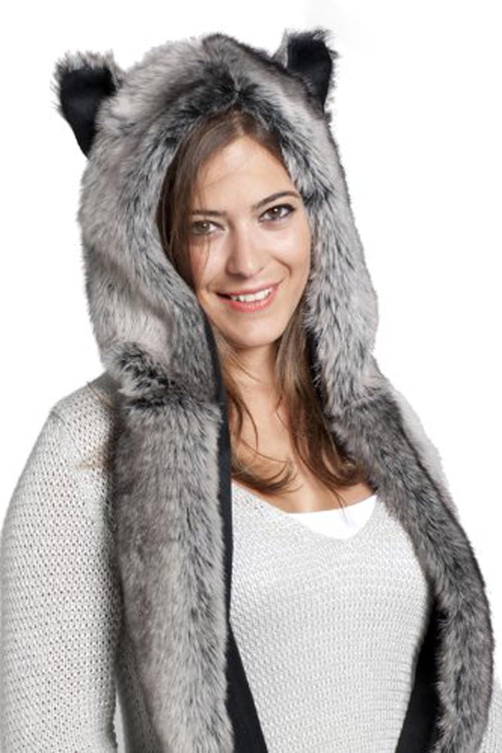 Faux FUR Animal Hats Hoods Gray Wolf Snow Winter White Ski with Mittens Unisex Gloves