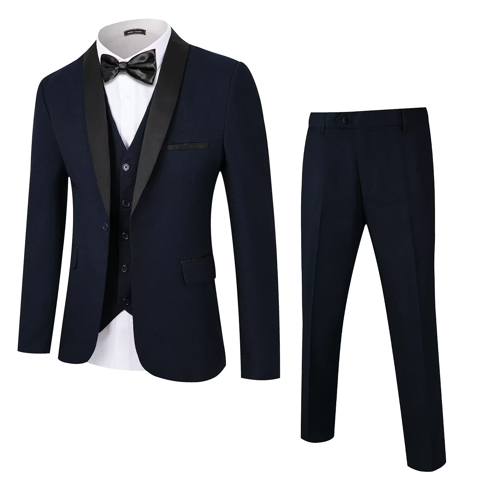 WEEN CHARMMen's Slim Fit 3 Piece Tuxedo Suit One Button Shawl Lapel Blazer Jacket Vest Pants Set