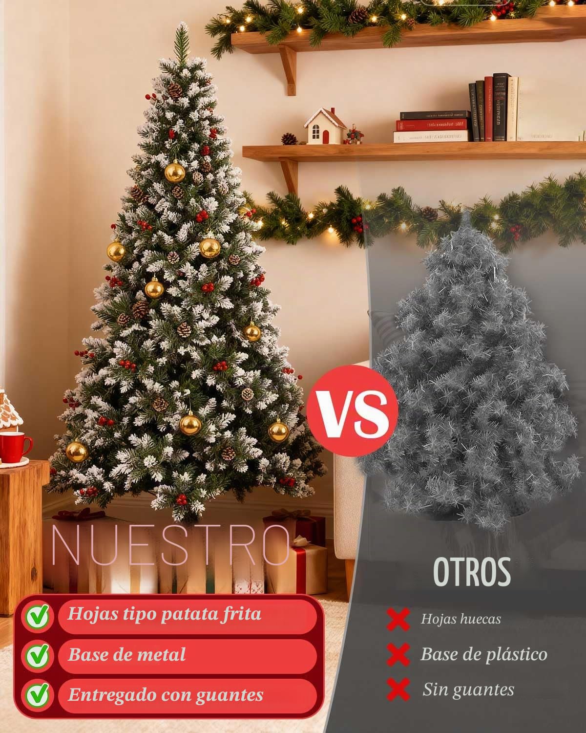 Árbol de Navidad artificial de 180 cm con nieve, árbol de Navidad con 800 puntas de PVC y soporte de metal, montaje rápido en 3 partes, para casa, oficina, tiendas, decoración navideña