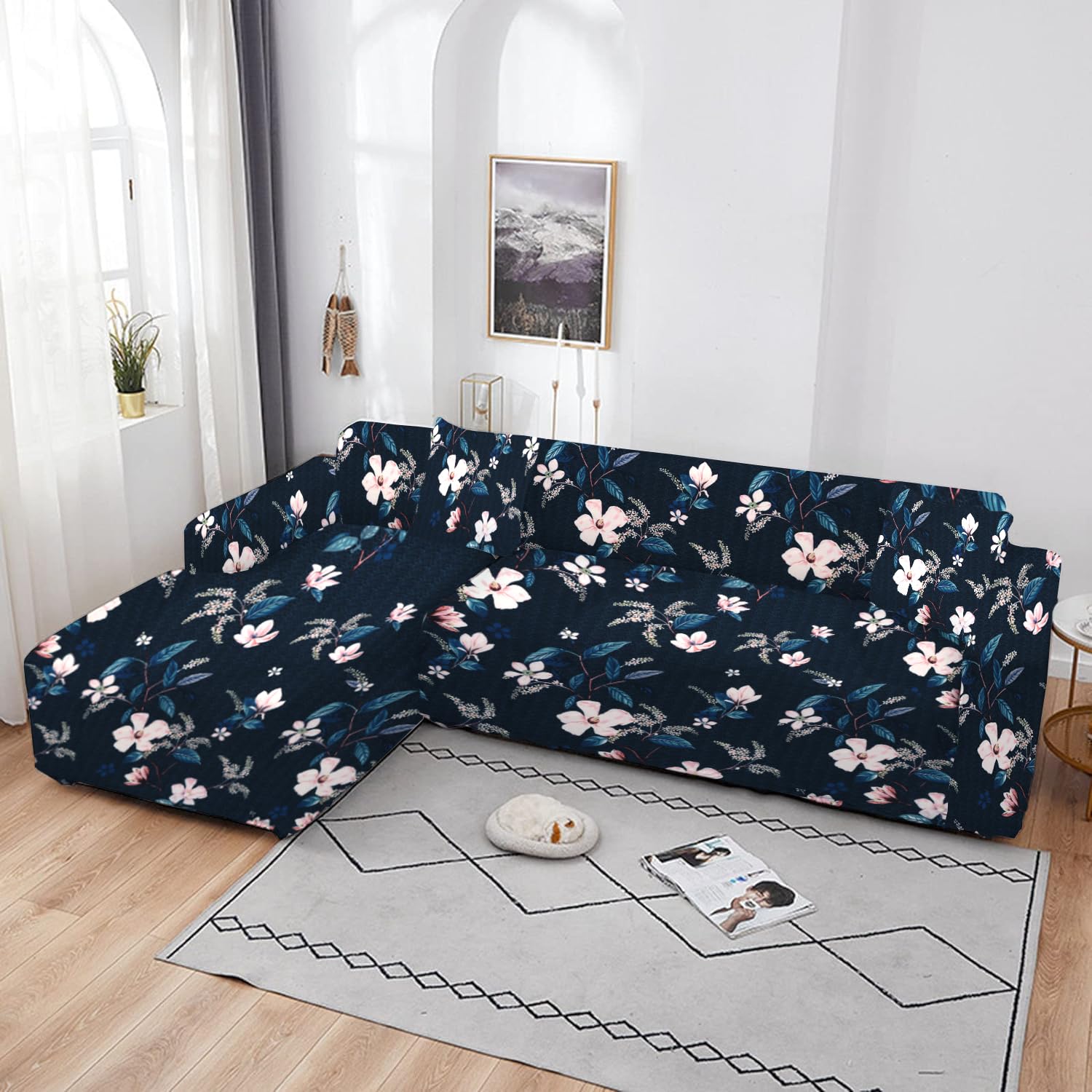 Lukzer L-Shaped Sofa Cover - Navy Blue Flower -14