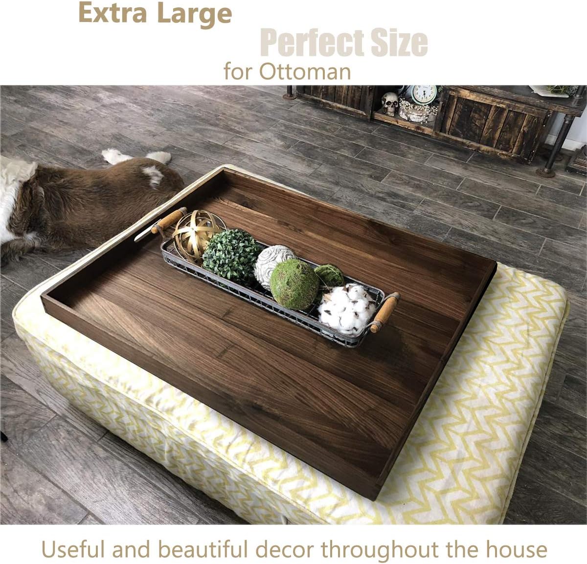30 x 24 Inches Extra Large Rectangle Black Walnut Wood Ottoman Tray with Handles, Serve Tea, Coffee Classic Wooden Decorative Serving Tray