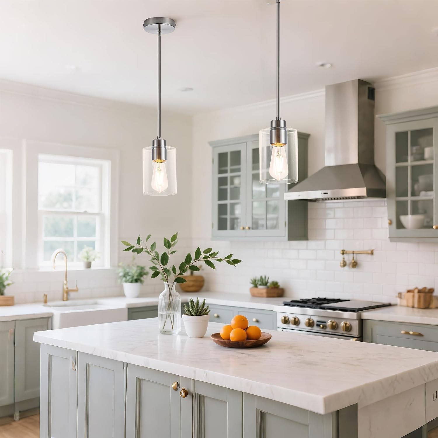 MAYNA 2-Pack Brushed Nickel Hanging Lamps, Contemporary Kitchen Island Pendants with Bulbs, Adjustable Rods Clear Glass Cylinder Lighting for Dining Area