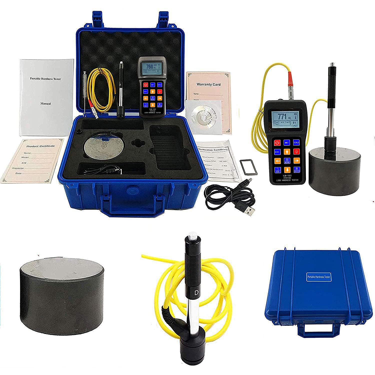 Leeb Hardness Tester Meter 170 to 960 HLD Metals Durometer Tester HL HB HRB HRC HRA HV HS with Standard D Type Impact Device D Test Block for Steel Iron Bronze Copper 10 Materials