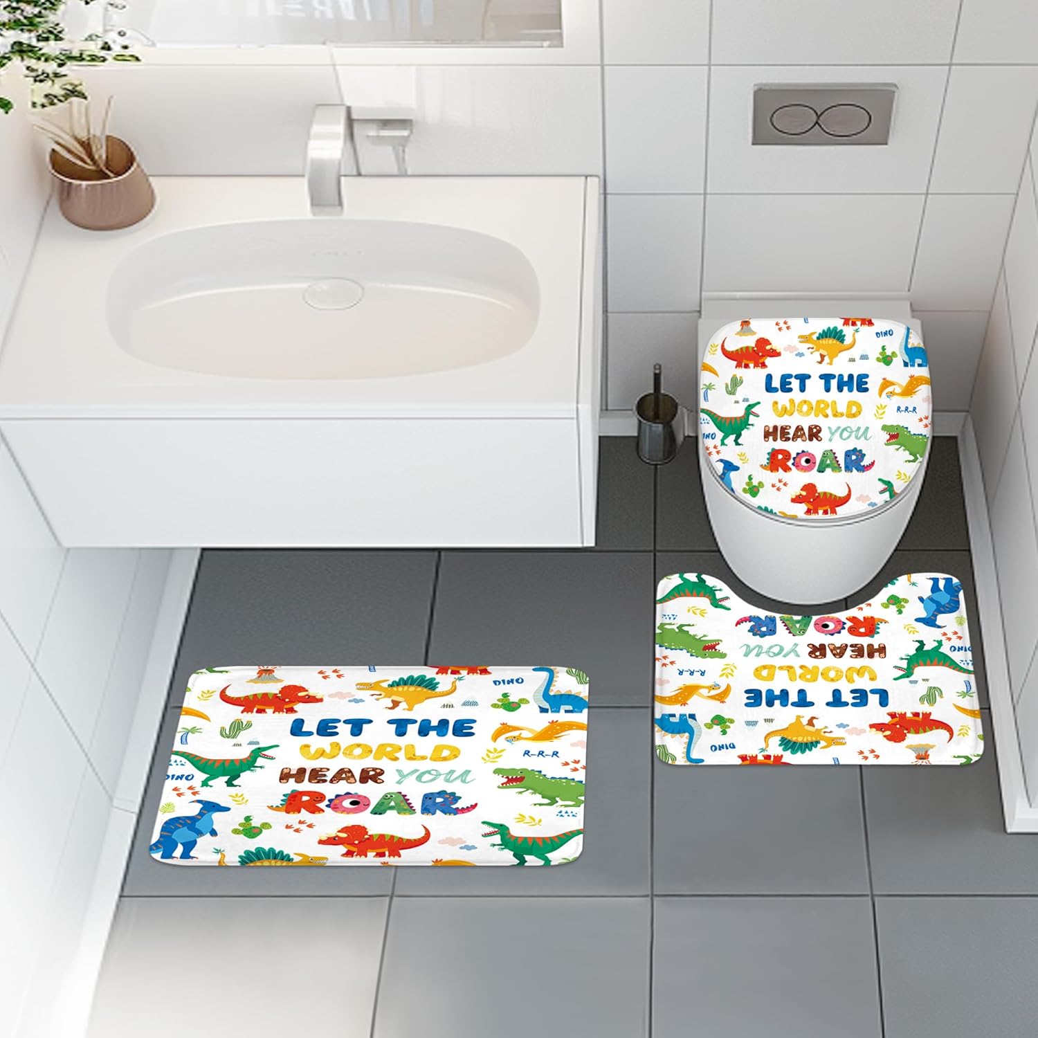 4 PCS Kids Dinosaur Shower Curtain Set 72Wx72H Cartoon Dino Cute Fun Words Bathroom Set Non-Slip Bath Rug Toilet Lid Cover U Shape Mat Complete Bathtub Accessories with 12 Hooks Bathroom Decor