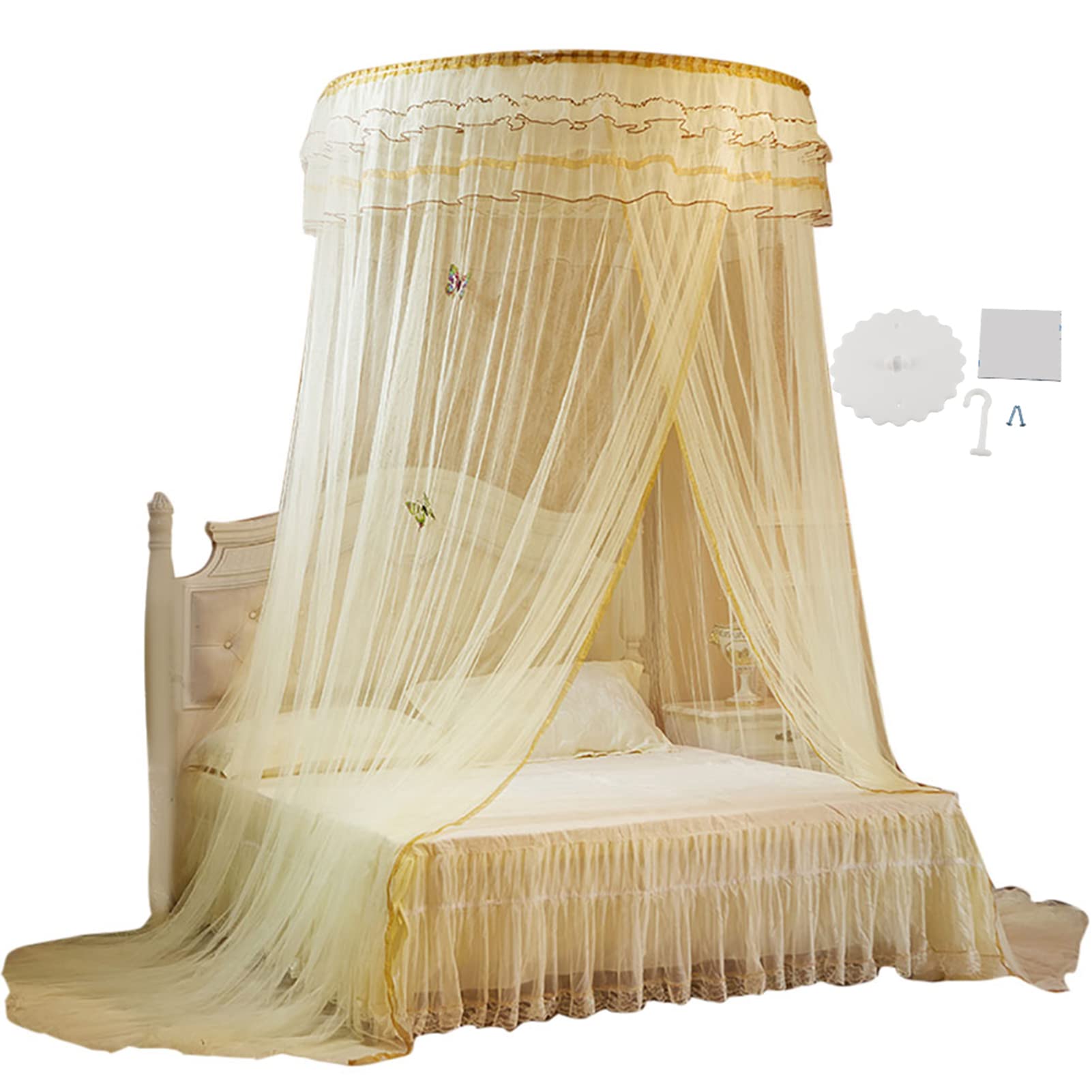 Toldo De Cama Poliéster Toldo Cama De Bebé Toldo De Princesa Encaje Estilo Princesa Mosquitero para Cuna para Cama De Niños Y Camas De Adultos(Beige)