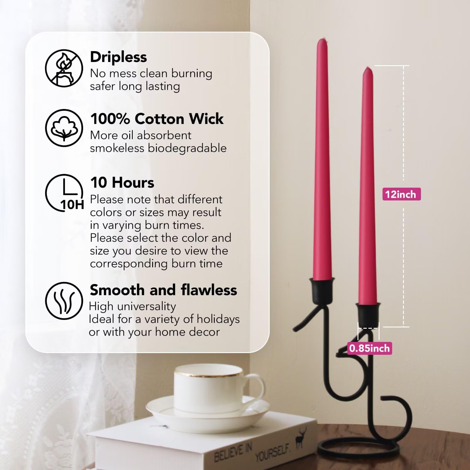 Pickood 12-Inch Tall Dripless Taper Candles Set of 4 - Hot Pink Tapered Candles, Perfect for Spring - Smokeless, Unscented, Long Burning - Hand Poured, Colored Tall Candlesticks - neon Pink