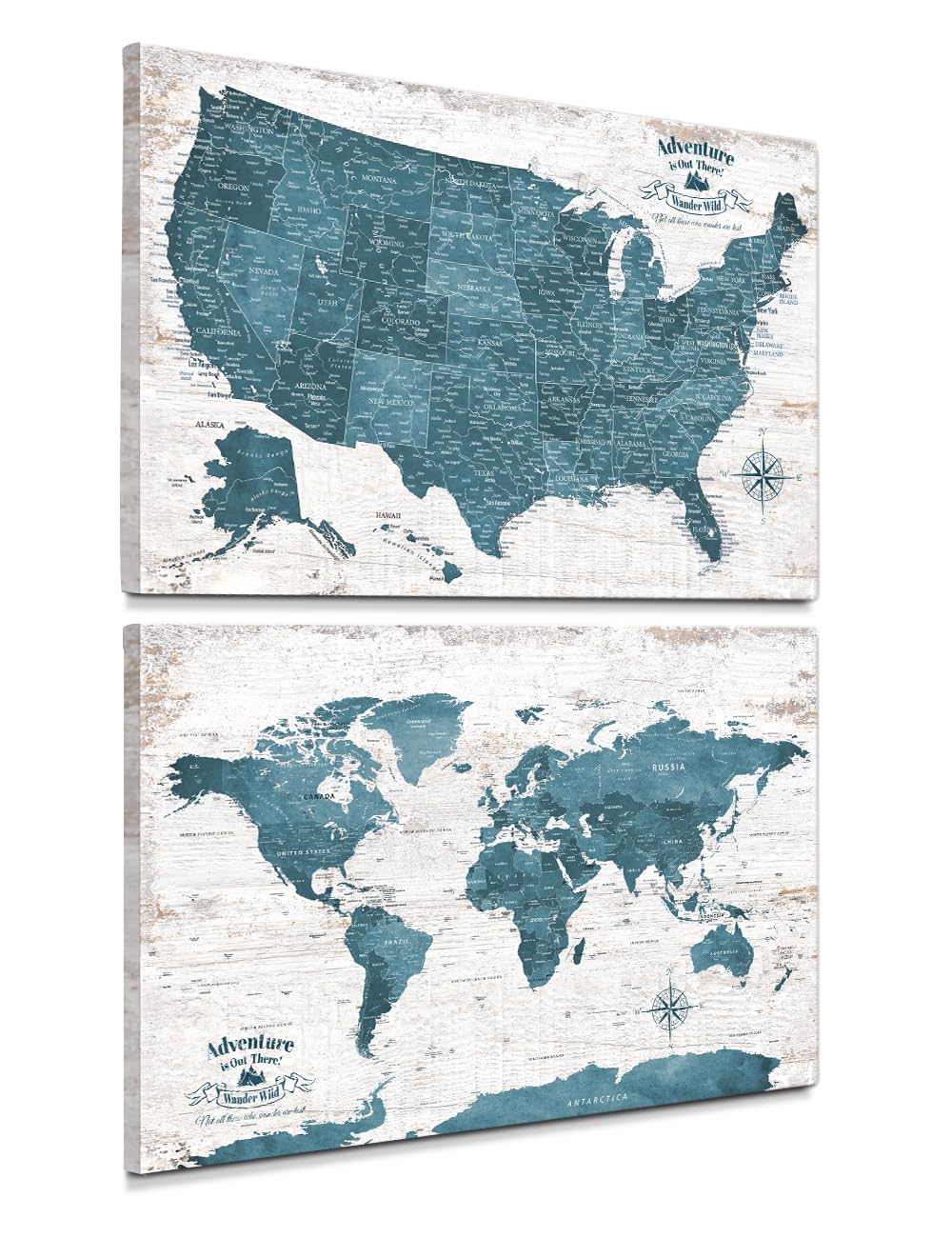 IPIC Vintage Teal World Maps for Wall, World Map Canvas, Size 24x16 in