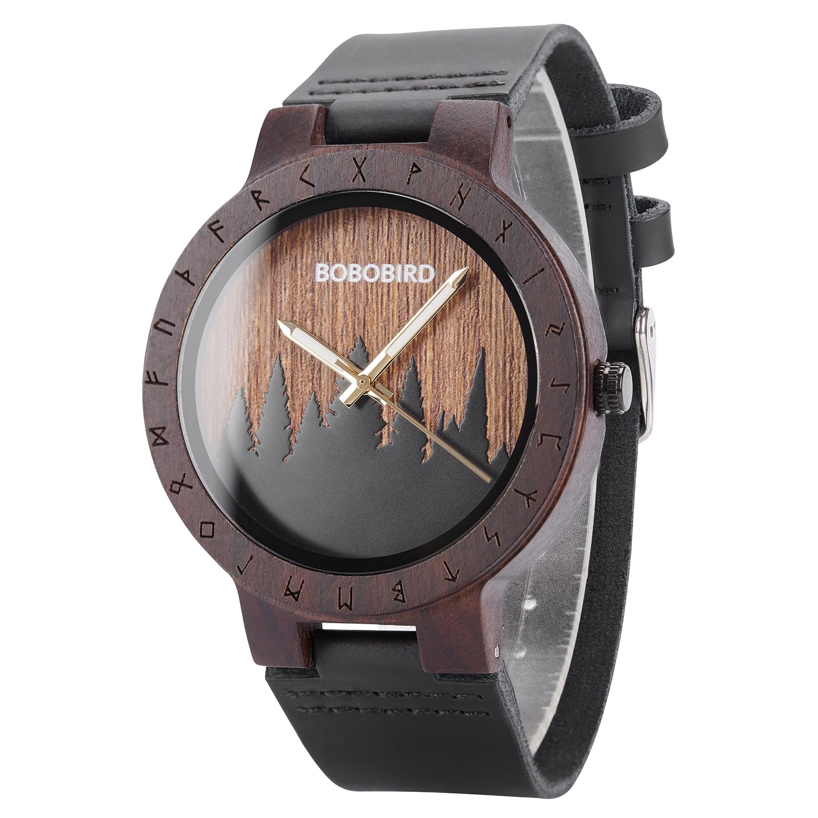 2win Men Wooden Watch with Viking Runes Engraved Bezel, Forest Dial & Leather Strap - Unique Timepiece with Norse Cultural Significance