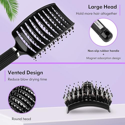 Miniatura 2 de Cepillo para el cabello, cepillo de cerdas de jabalí para mujeres, hombres y niños, cepillo de pelo curvado ventilado de secado más rápido, cepillo