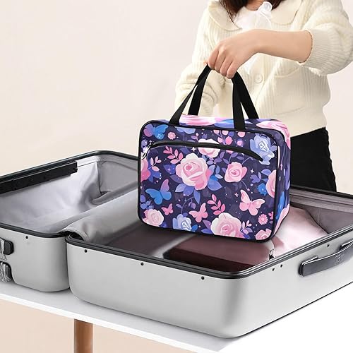 Miniatura 8 de Purple Peach Elegant Blooms bolsas de aseo de viaje colgantes para mujeres con gancho, bolso esencial de diseñador para el cuidado de la piel