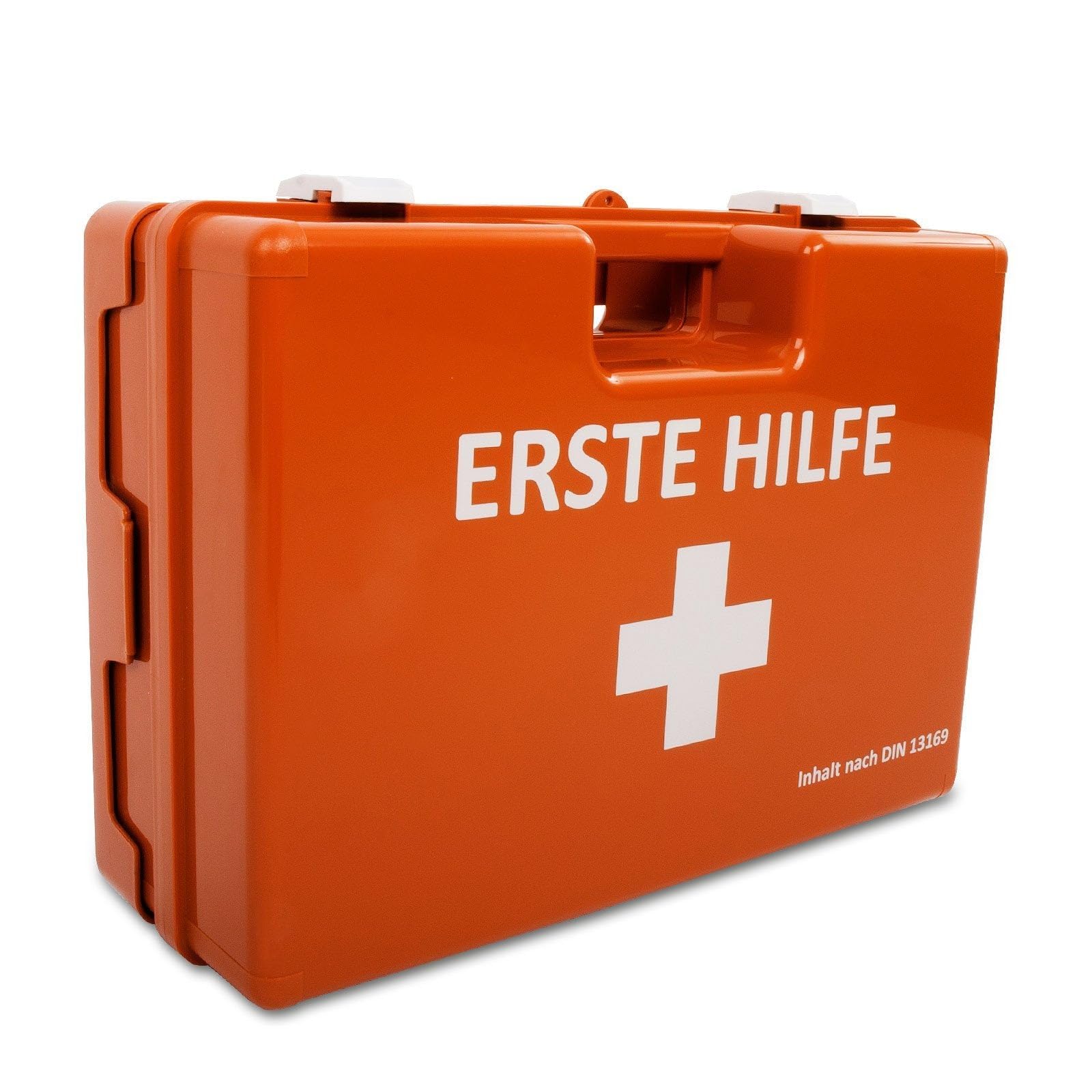 KARAT Trousse de Premiers Secours Moyenne DIN 13169 pour Entreprise & Domicile - Kit de Secours Complet avec Support Mural pour Bureaux Restauration, Capacité jusqu'à 100 Personnes (32 x 22 x 13 cm)