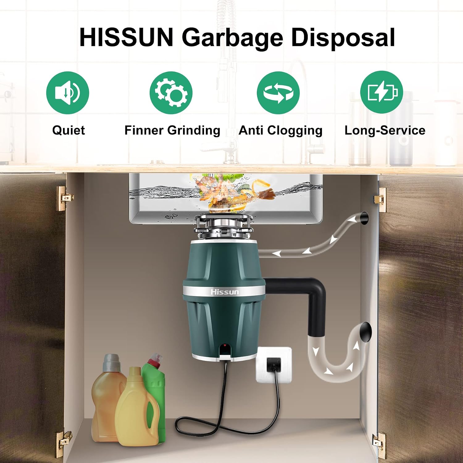 HISSUN Garbage Disposal,3/4HP Powerful and Quiet Kitchen Disposal, Faster Grinding Disposer for Food Waste- Green