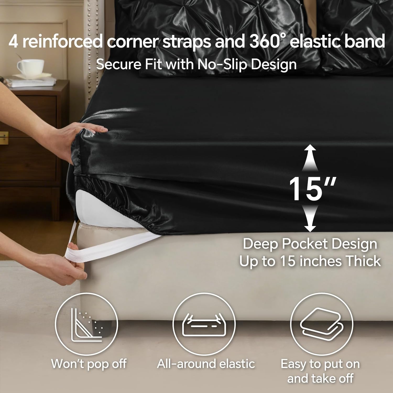 BEDELITE Satin Comforter Set Queen Size, 7 Pieces Luxury Pintuck Bed in A Bag with Comforter, Flat Sheet, Fitted Sheet, Pillowcases, Shams, Soft Cozy Similar to Silk Bed Set for All Seasons (Black)