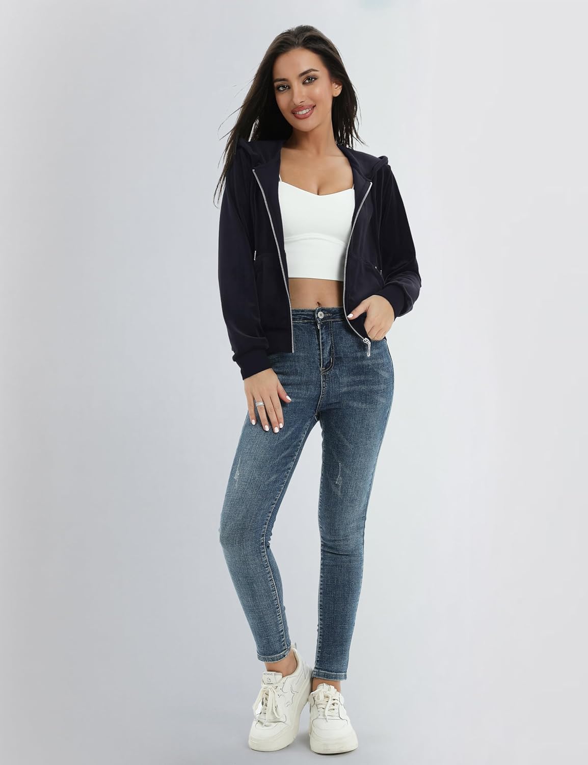 YUCOLEN Womens Zip Up Hoodies Velour Cropped Sweatshirts Soft Fleece Jackets Trendy Fall Outfits with Pockets Drawstring - Image 6