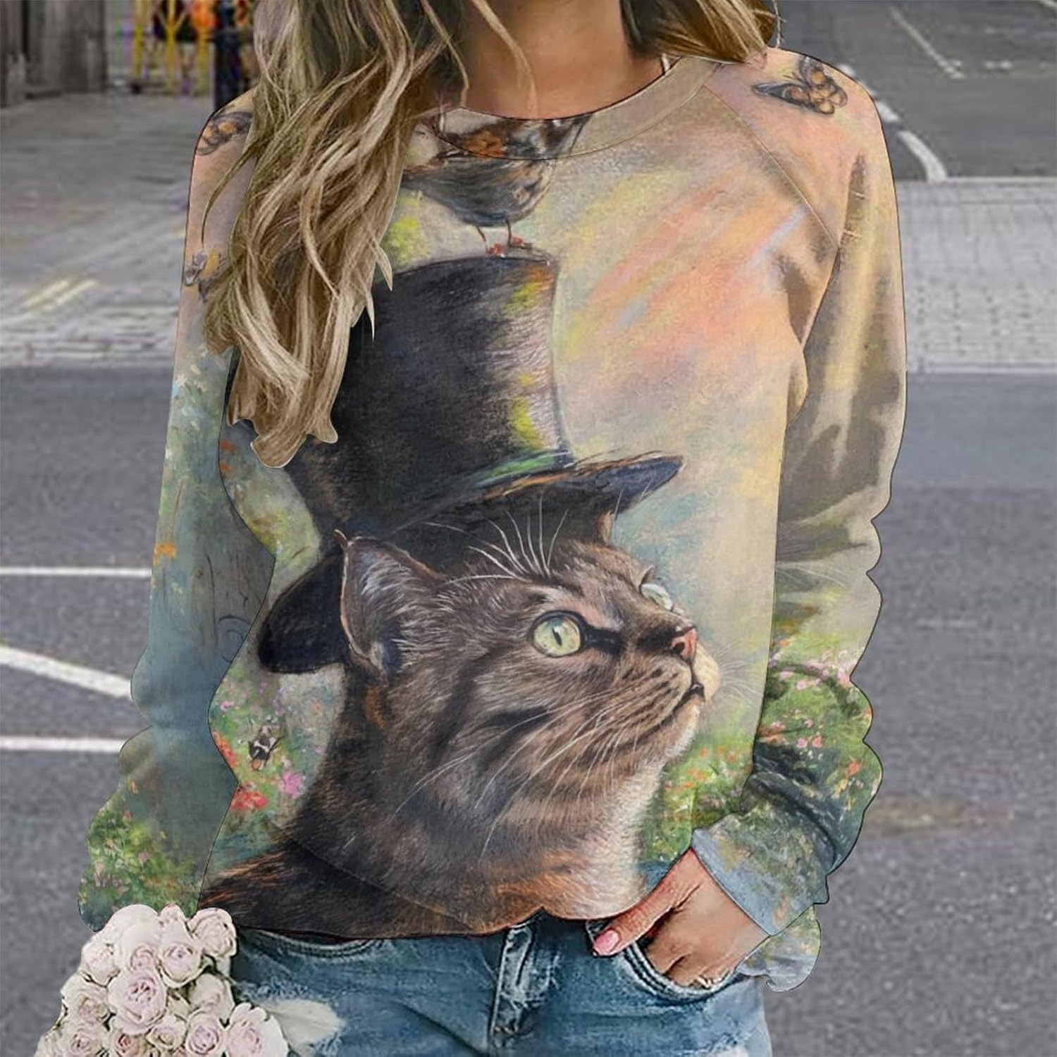 Long Sleeve Shirts for Women Cat Oil Painting Shirt 3D Graphic Sweatshirts Fall Pullover Crewneck Vintage Boho Tops - Image 5