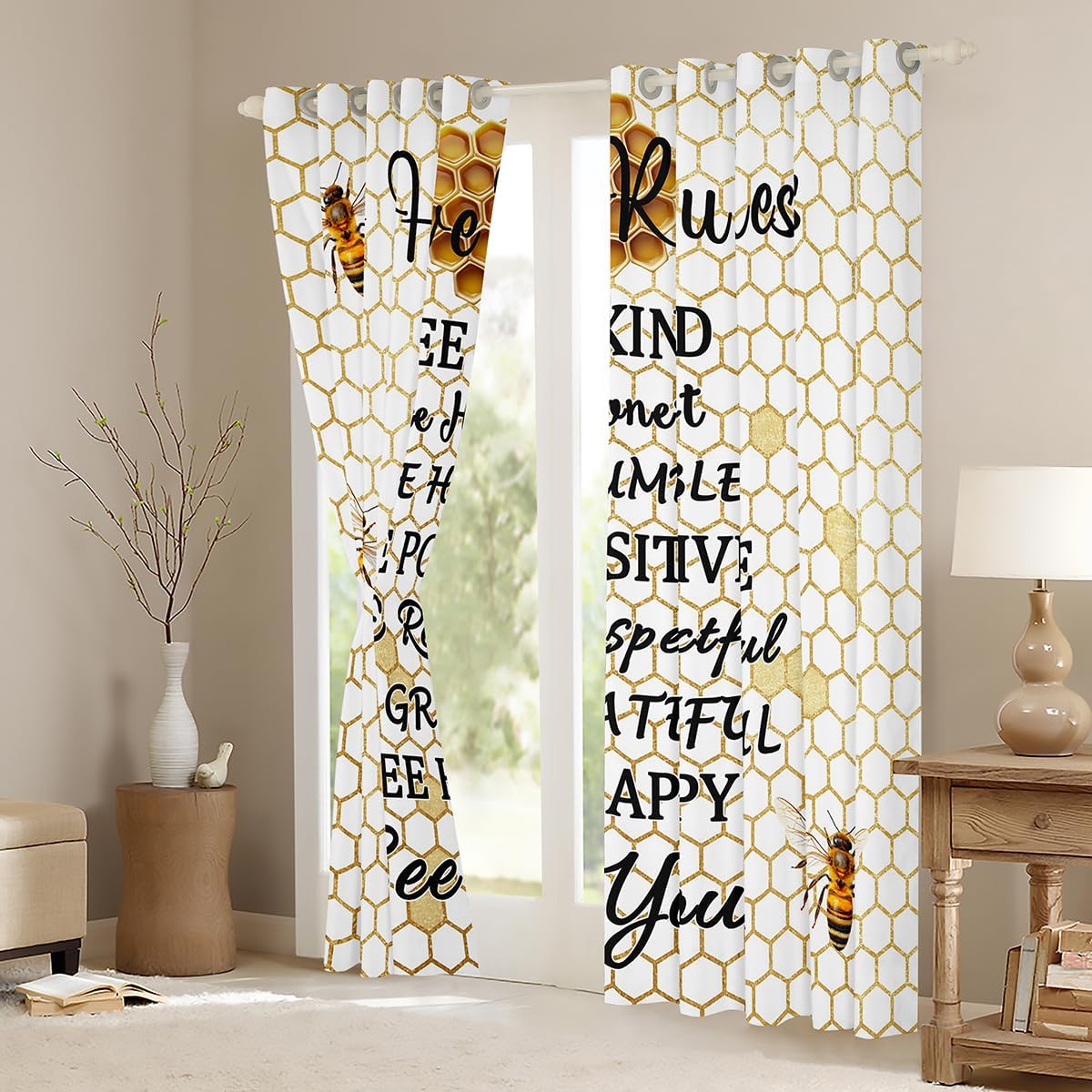 Erosebridal Honeycomb Window Curtains 84"X84" Boys Girls Bee Kind Bee Honest Curtains Beehive Hexagon Geometric Window Treatment Honeybee Bees Funny Hive Rules Draperies Chic Creative Bee Themed Gifts