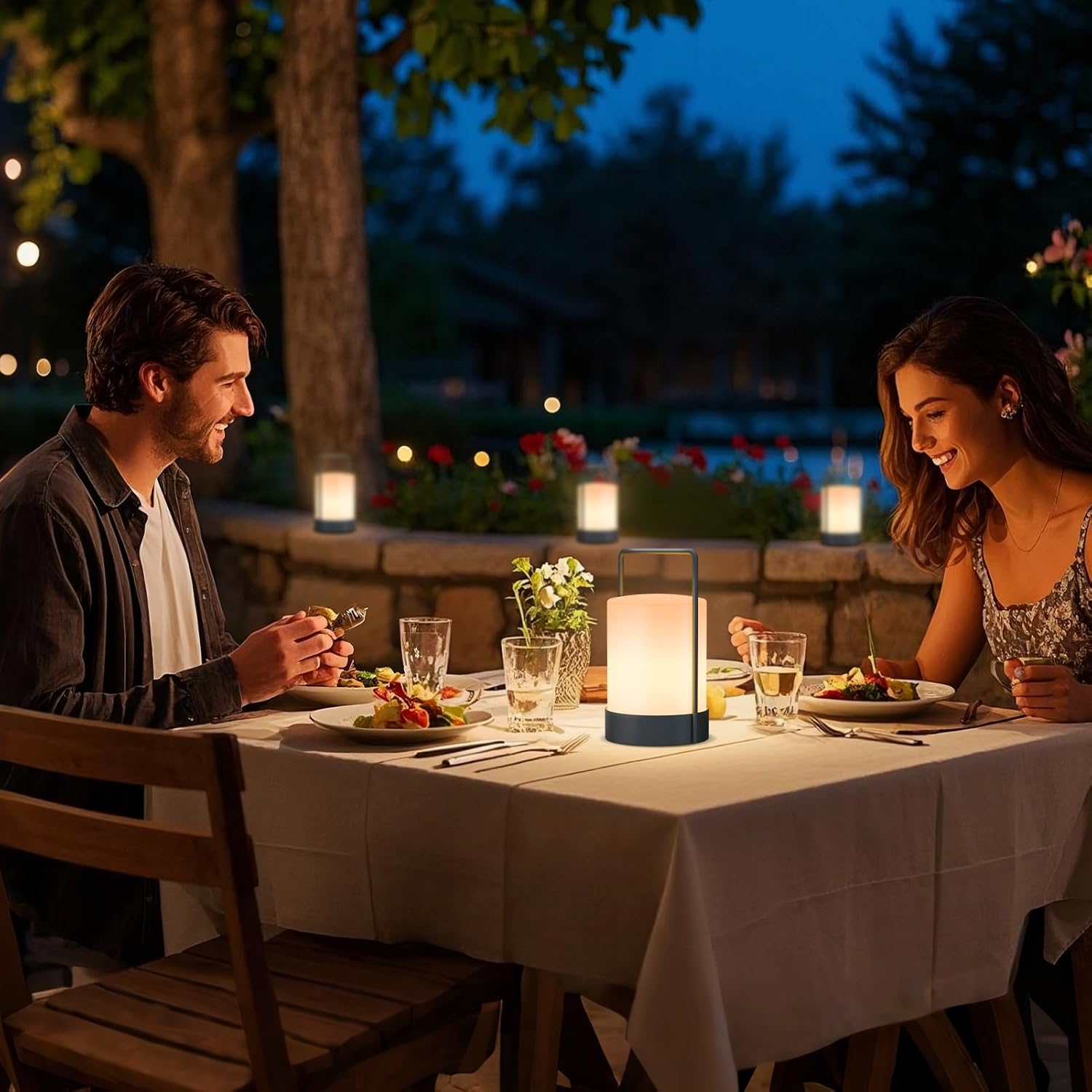 FUYO Outdoor Table Lamp Lantern Shower Lamp Cordless LED Portable with Warm White RGB Colour IP44 Rainproof, with Handle, PE & Metal for Balcony Patio Garden Camping Bathroom