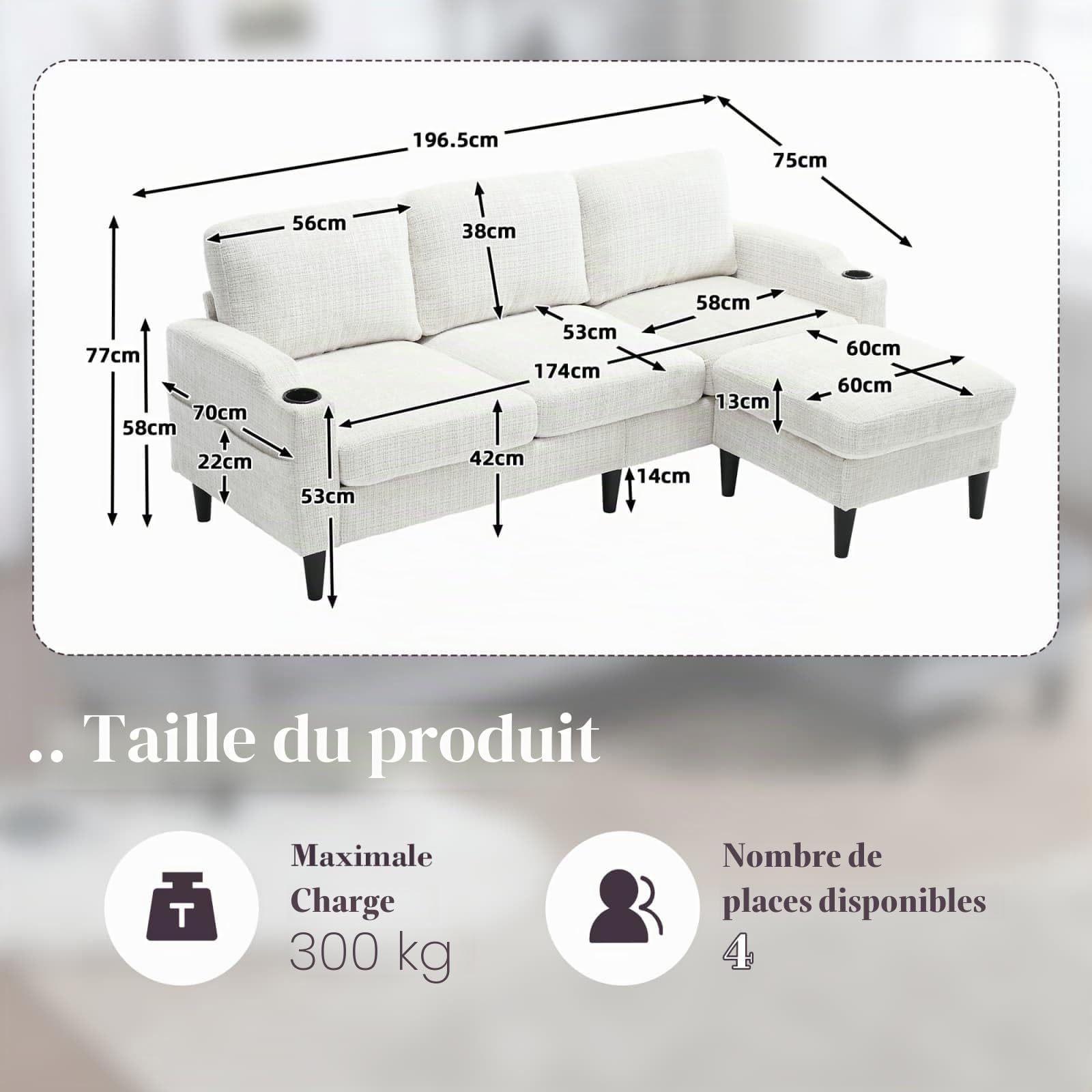 Sweiko Canapé avec Pouf et Espace de Rangement 4 Places avec Accoudoirs Confortables, Porte-Gobelets, Poches Latérales et Repose-Pieds Robustes en Plastique,Velours (Beige)