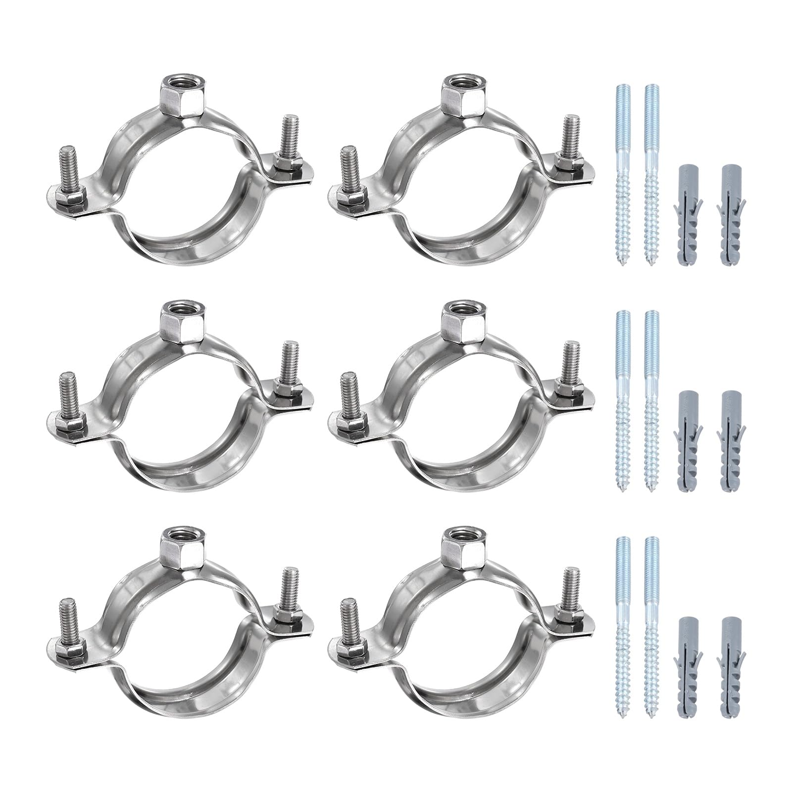 sourcing map 6 Set Adjustable Pipe Bracket Clamps 1-9/16" (40mm) Stainless Steel Wall Ceiling Mount Split Ring Hanger Metal Pipe Supports Clamp with Screws & Expansion Tube for Pipe Tube (M8)