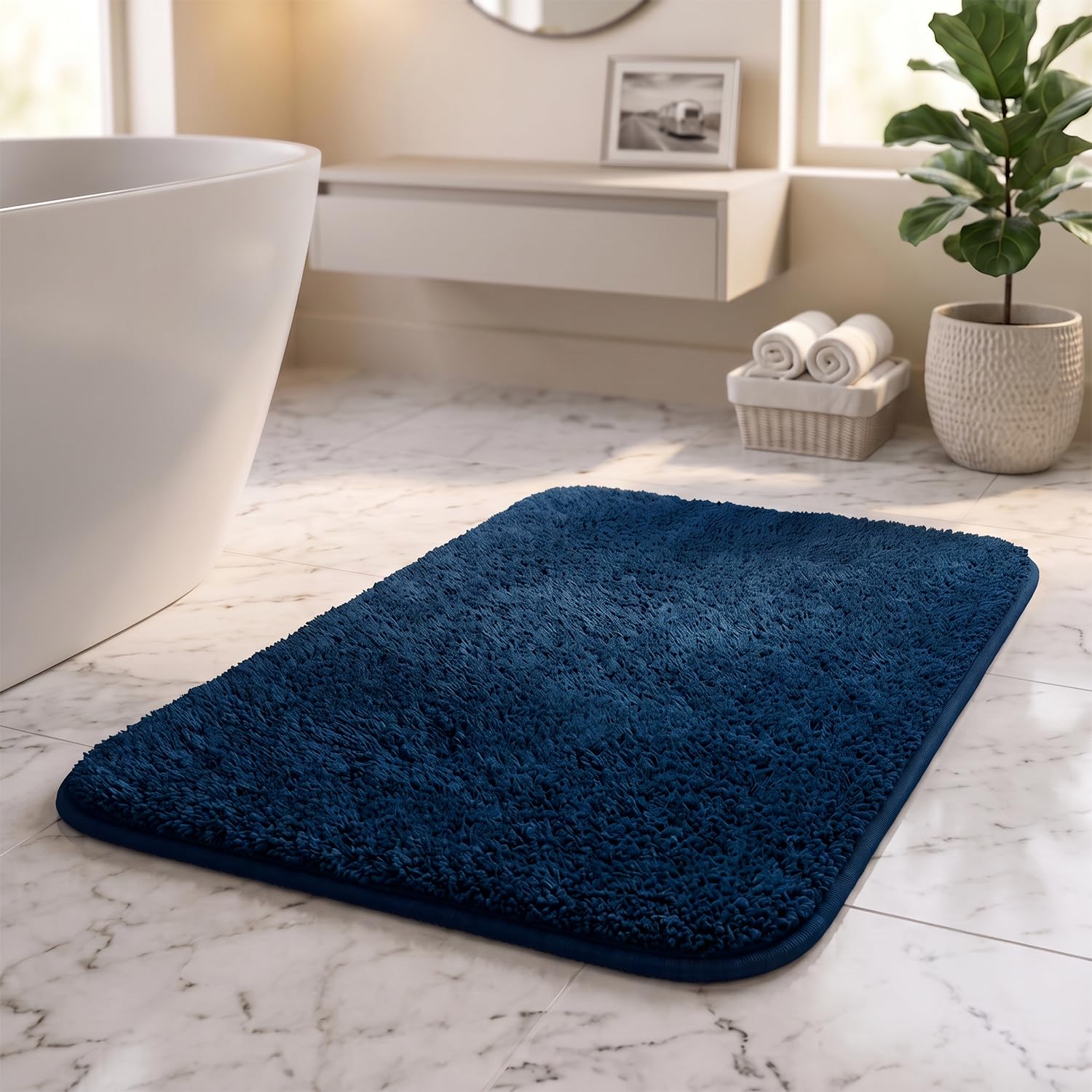 Soft Microfiber Bath Mat - Cut Pile, Quick Dry, Anti-Skid, Water Absorbent, Non-Slip, Machine Washable Floor Rug, Shower Mat, Door Mat for Bathroom, Bedroom, 60x40 cm - Navy Blue-image-39