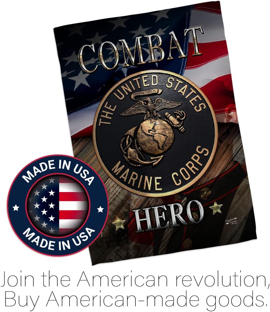 Marine Combat Hero House Flag - Armed Forces Corps USMC Semper Fi United State American Military Veteran Retire Official - Decoration Banner Small Garden Yard Gift Double-Sided Made in USA 28 X 40