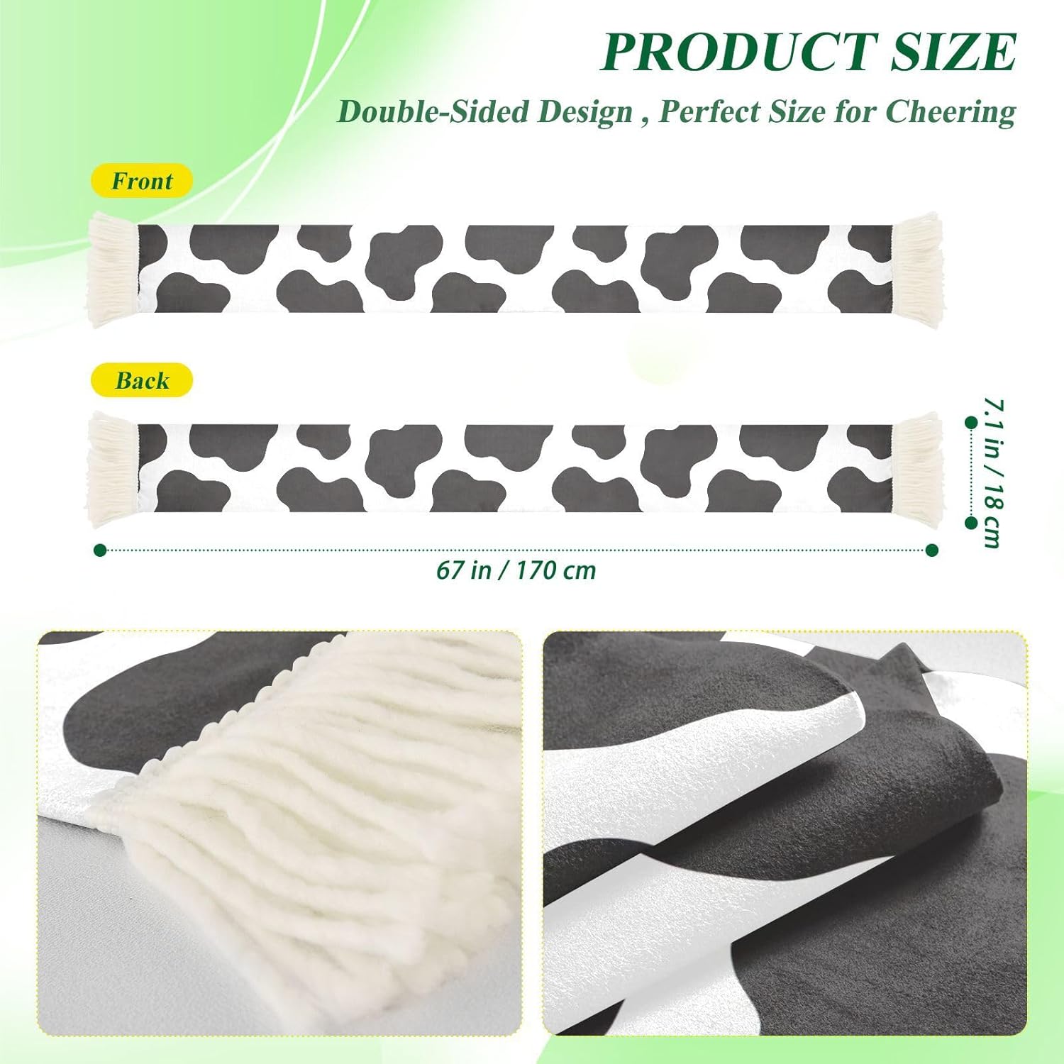 CHIFIGNO Cute Cow Spots White Sports Fan Scarf Towel, Soft Polyester Cheering Banner Scarf for Soccer Games, Quick Dry Sweat Absorbent