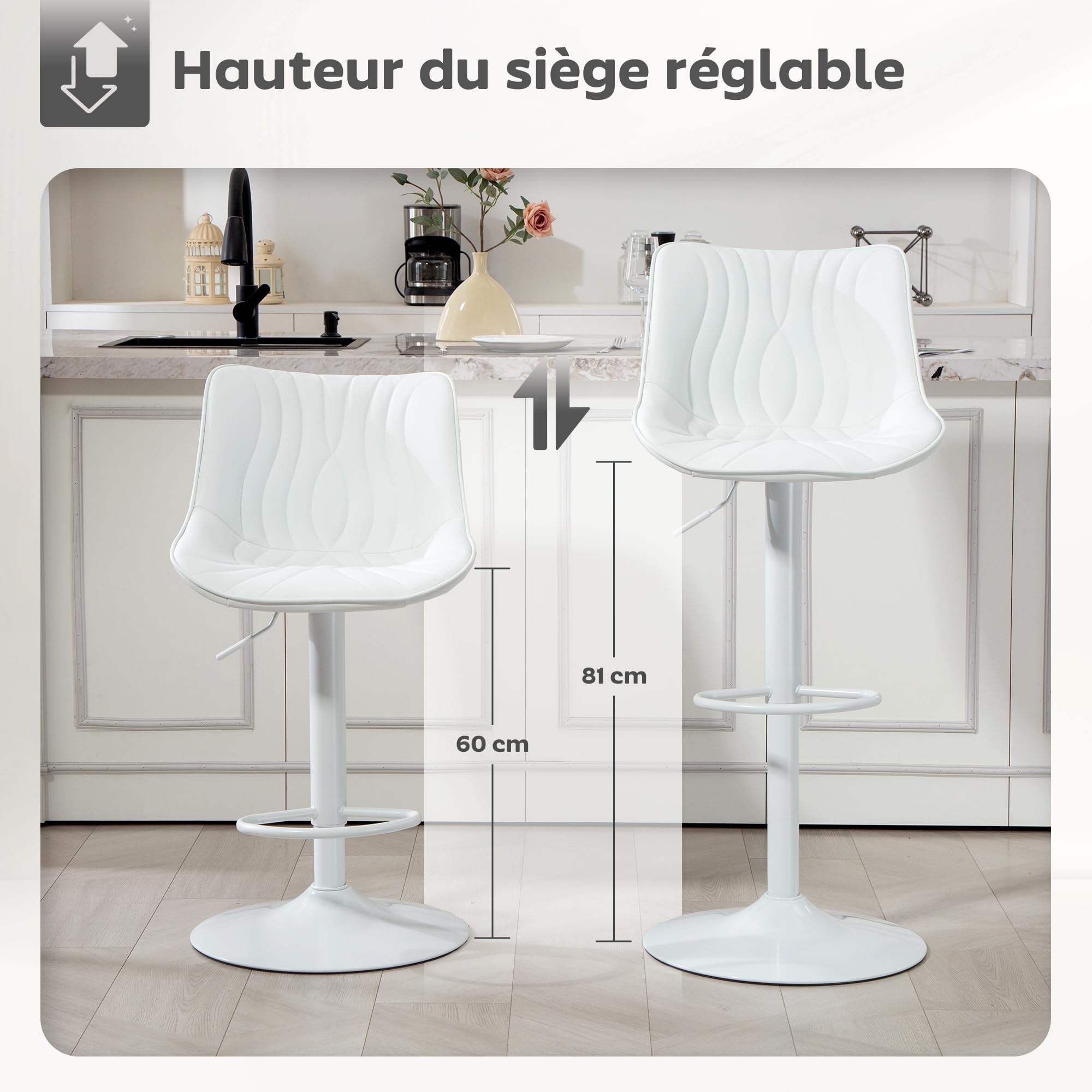 HOMCOM Lot de 2 Tabourets de Bar Hauteur Réglable 92-110cm Acier Blanc