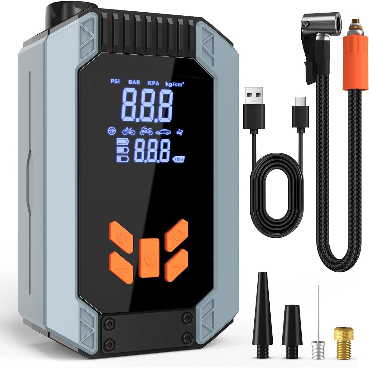 Compresor de aire portátil para inflar neumáticos, medidor de presión de neumáticos digital, bomba de bicicleta de 12 V 150 PSI, luz LED de emergencia para bomba de aire para neumáticos de automóvil, bomba de bola inalámbrica de alta velocidad y bajo ruido.