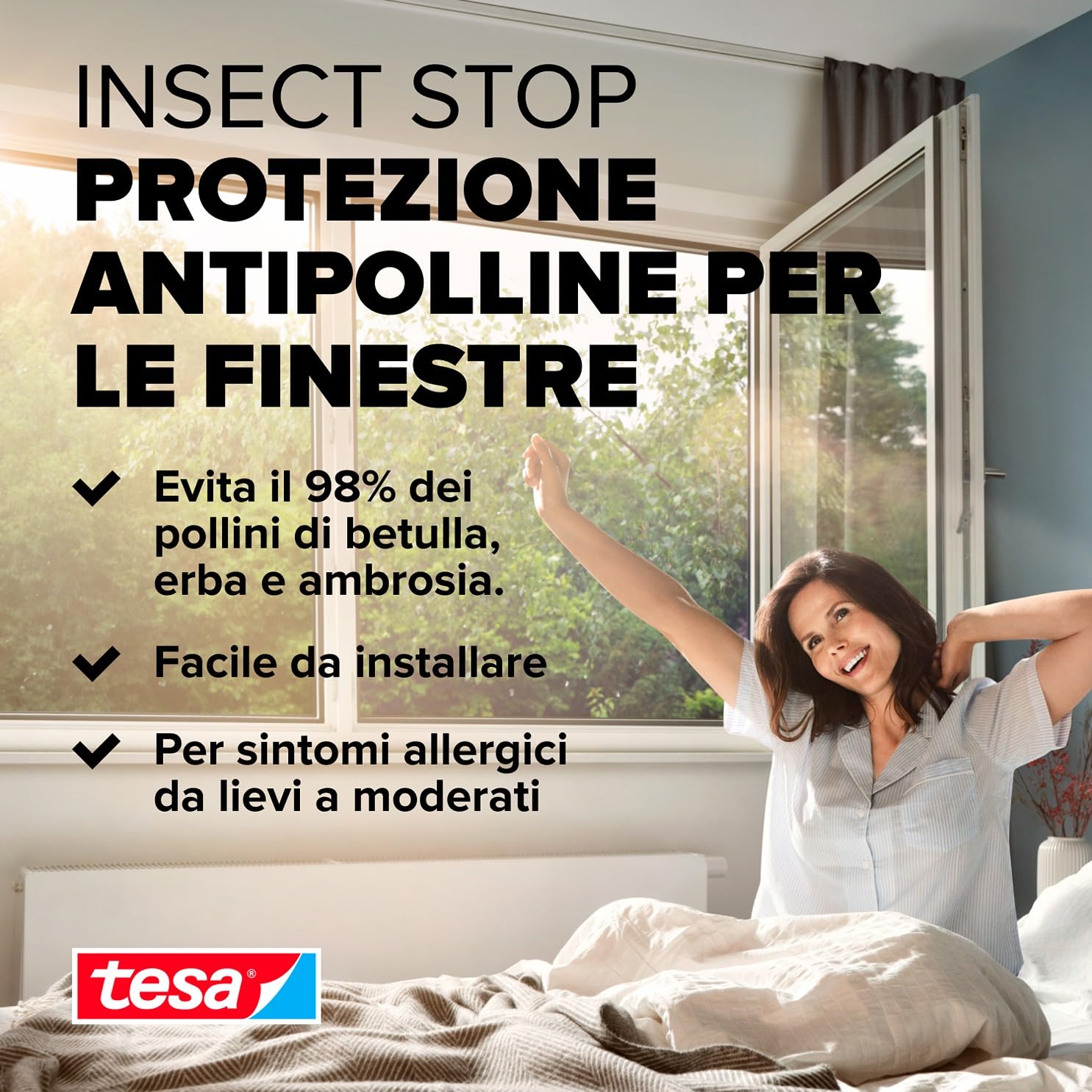 Tesa Zanzariera antipolline - Protezione trasparente per chi soffre di allergie - Per finestre con apertura verso l'interno - Biadesivo attacca stacca - antracite - 120 cm x 240 cm
