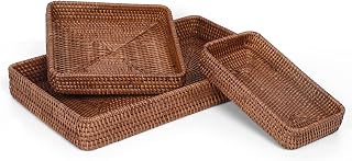 YANGQIHOME Rattan Serving Tray Set of 3, Rectangular Woven Tray, Natural Wicker Decorative Serving Tray, CoffeeTabletop Vanity Organizer, Bathroom Kitchen Counter,Dark Brown