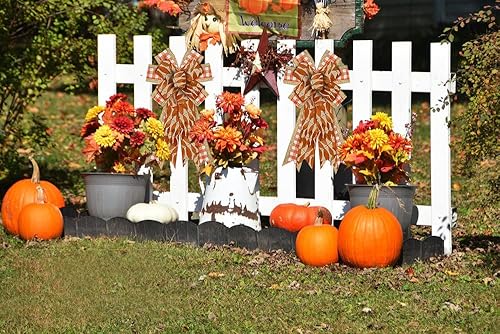 Miniatura 5 de Arco grande de otoño para corona, moño de arpillera naranja blanco búfalo a cuadros para decoración de otoño, lazo de hojas de otoño para puerta