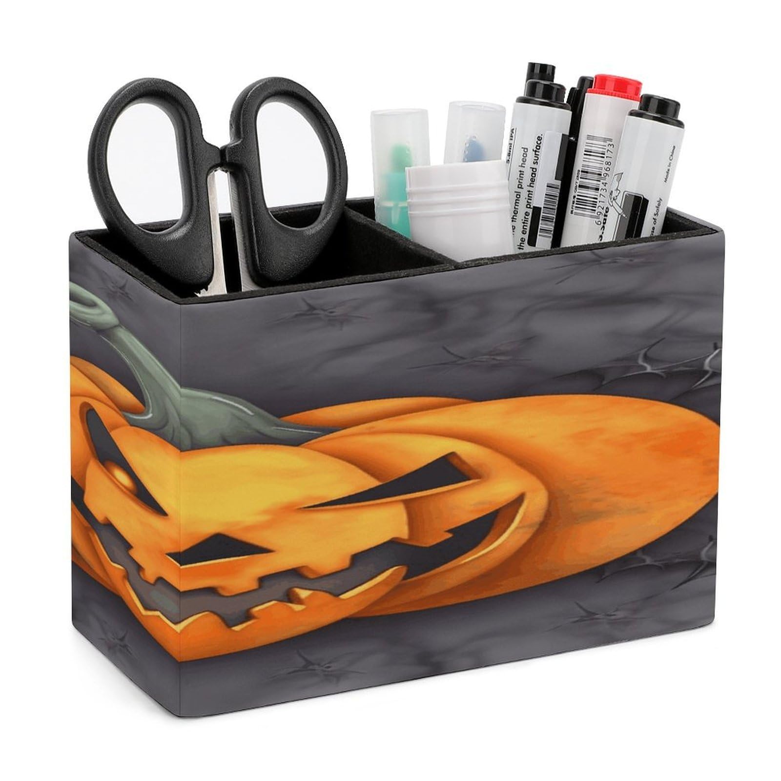 VstaDank Halloween Pumpkin Pencil Holder for Desk Organizer 2 Compartments Pen Cup Leather Square Pen Holder Pencil Cup Stand Makeup Brush Holders for Desktop Organizer Storage Case