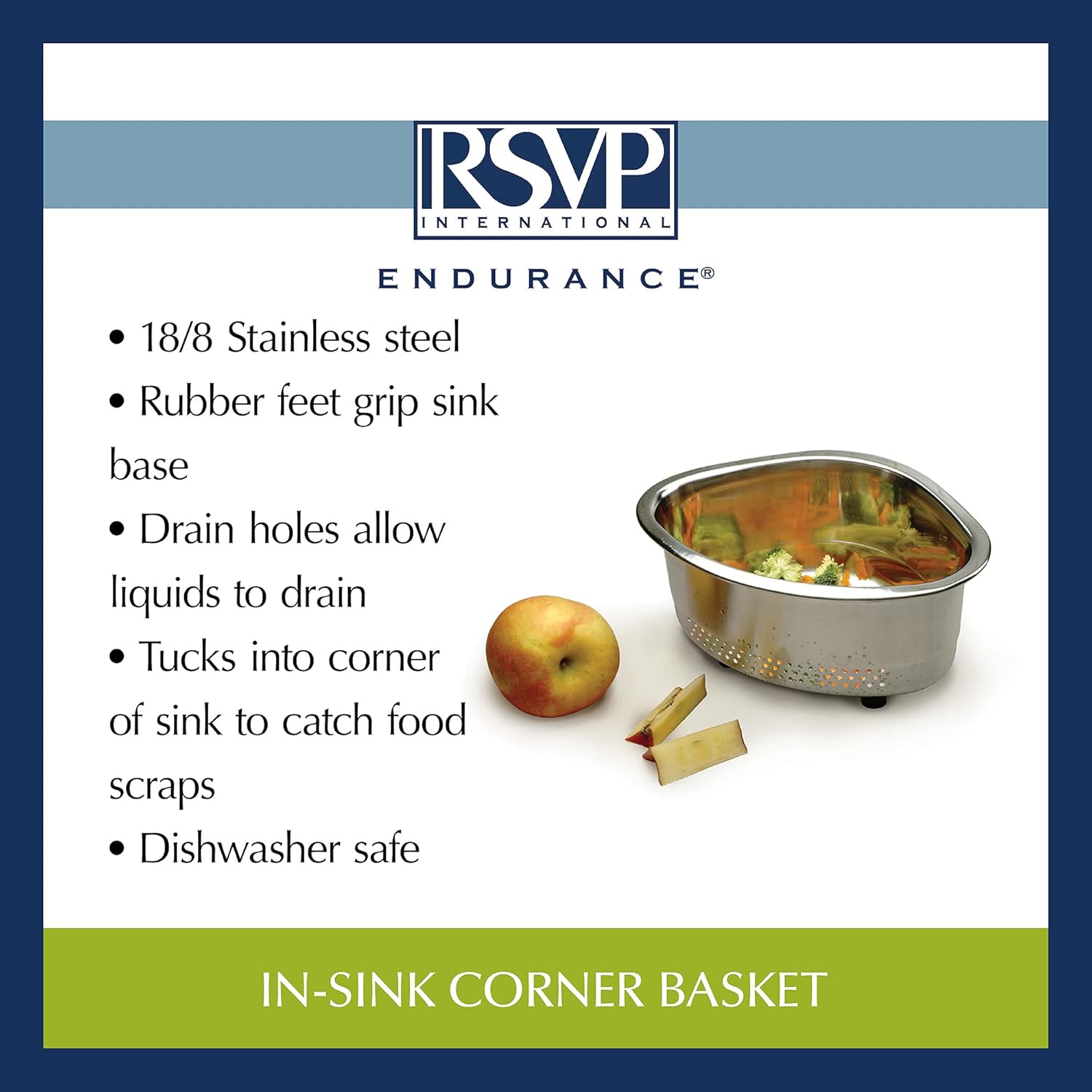 RSVP International Endurance Kitchen Collection Colander Strainer, Corner Basket, Pierced Stainless Steel
