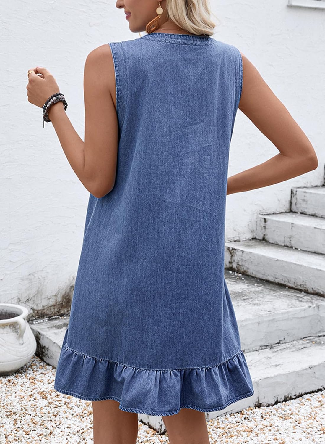 Dokotoo Denim Dress for Women Spring Summer Sleeveless V Neck Ruffle Hem Lightweight Casual A-Line Mini Jean Dresses - Image 2