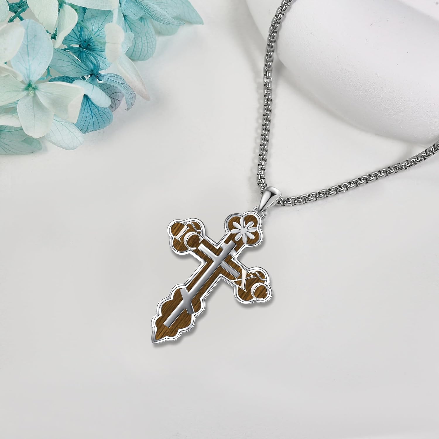 Wooden Orthodox Cross Necklace Sterling Silver Russian Eastern Orthodox Cross Jewelry Gift for Men - Image 3