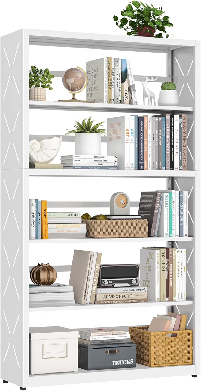 UNICOLY 5 Tier White Bookshelf, 55" H Tall Bookshelf with 5 Storage Shelves, Heavy Duty Deep Shelves, Open Shelf Bookcase with 5 Bookends, Modern Display Shelves for Books, Toys, CD, W31×D10