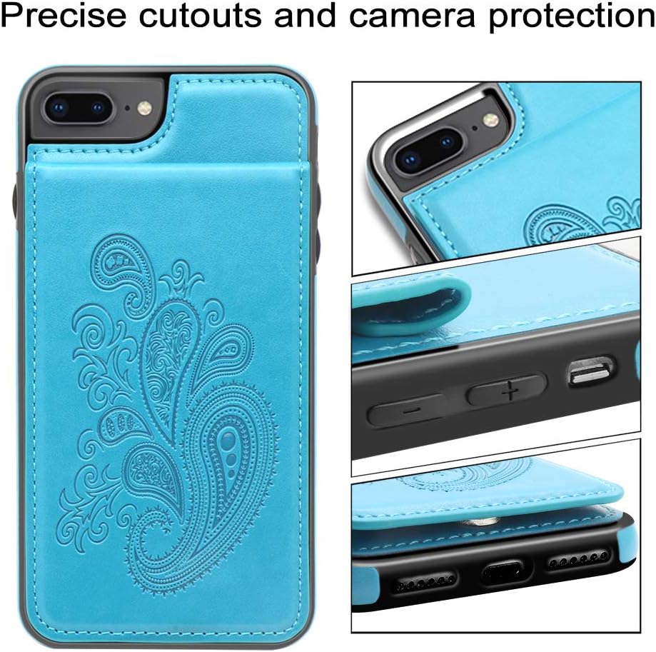 LakiBeibi iPhone 8 Plus Case, Premium Leather Embossed iPhone 8 Plus Wallet Case with Card Holder for Girls Full Protection 8 Plus Phone Case with Screen Protector for iPhone 6/6s/7/8 Plus, Blue
