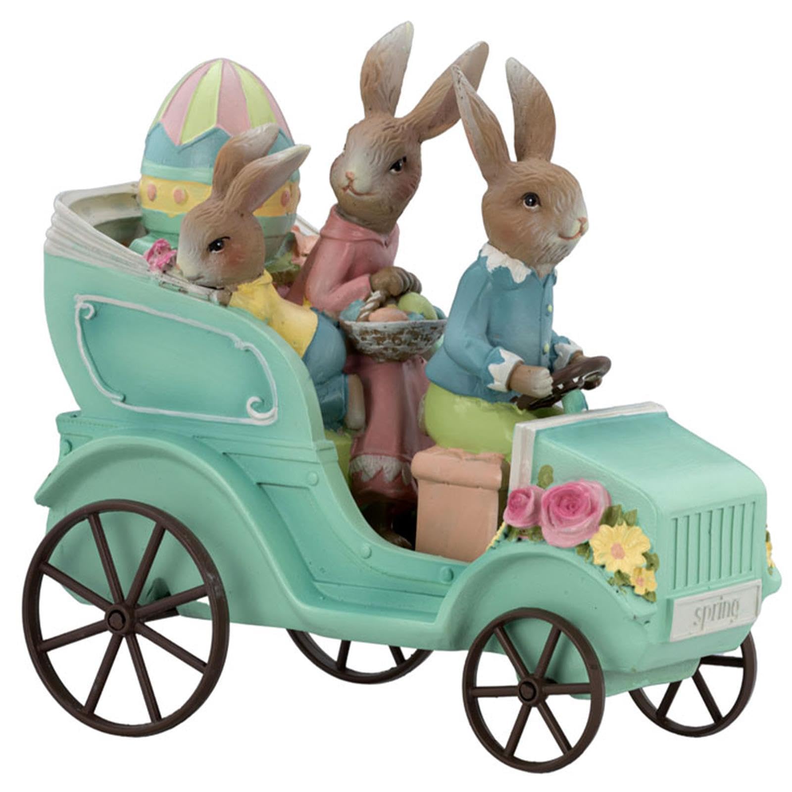 kleines Deko Hasen Figuren Set Kunststein - Osterdeko Hasen Familie bunt gekleidet im Auto - Polyresin Osterhasen Frühjahresdeko zum hinstellen