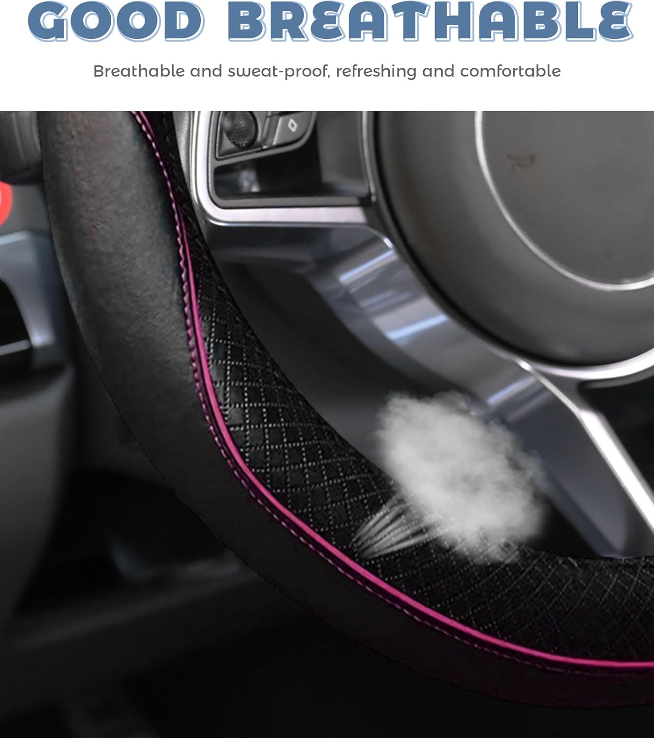 Steering Wheel Cover,Car Accessories 14.5-15 Inch Leather Steering Wheel Cover,Anti-Slip Breathable Microfiber Leather Covers,Warm in Winter and Cool in Summer,Fit for Suvs (Black-Pink) thumbnail