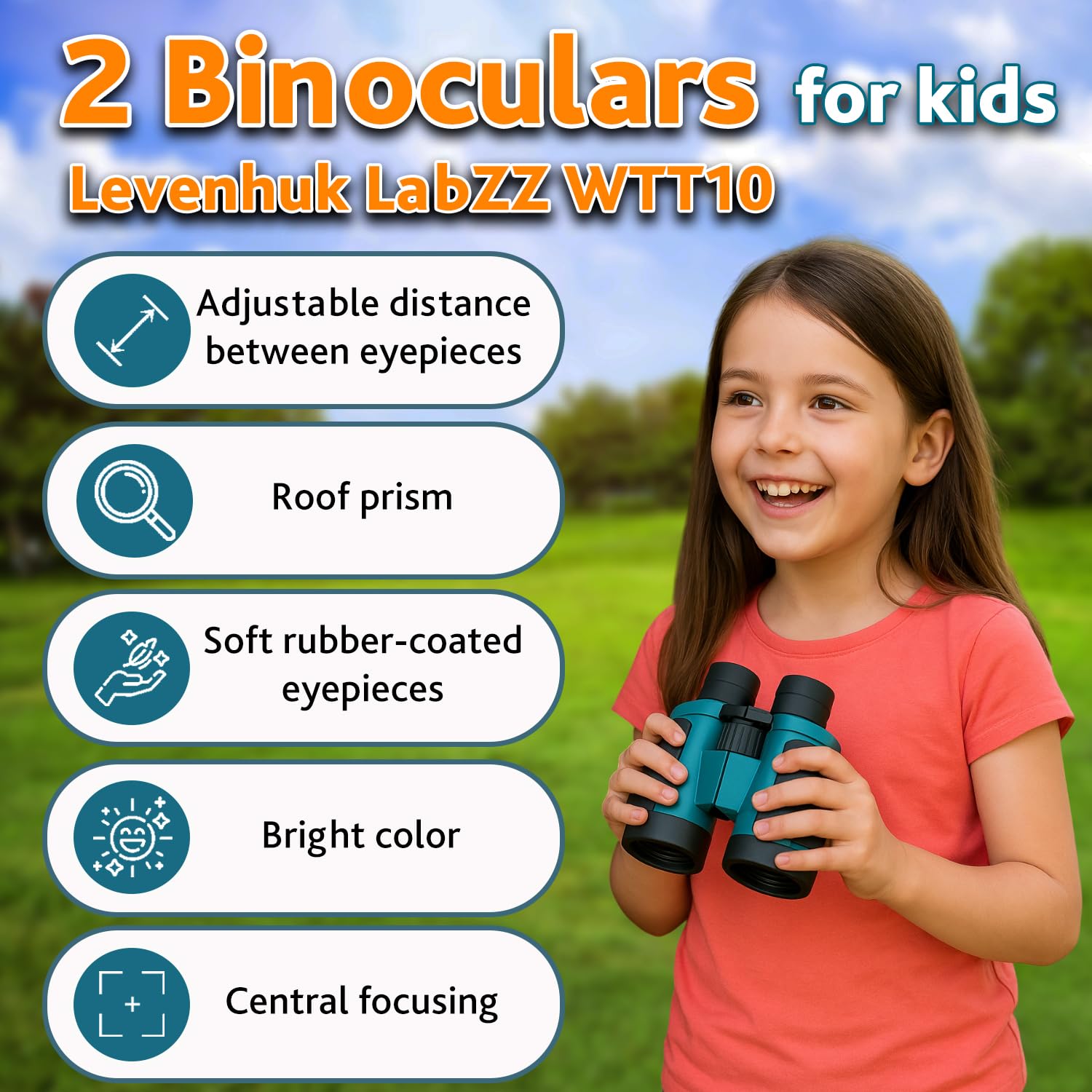 Levenhuk LabZZ WTT10 – Set con Walkie-Talkie e Binocolo per Bambini 3–12 Anni – Gioco di Ruolo per Ragazzi – Comunicazione fino a 3 km – Regalo Perfetto per Avventure all’Aperto e Campeggio, Blu