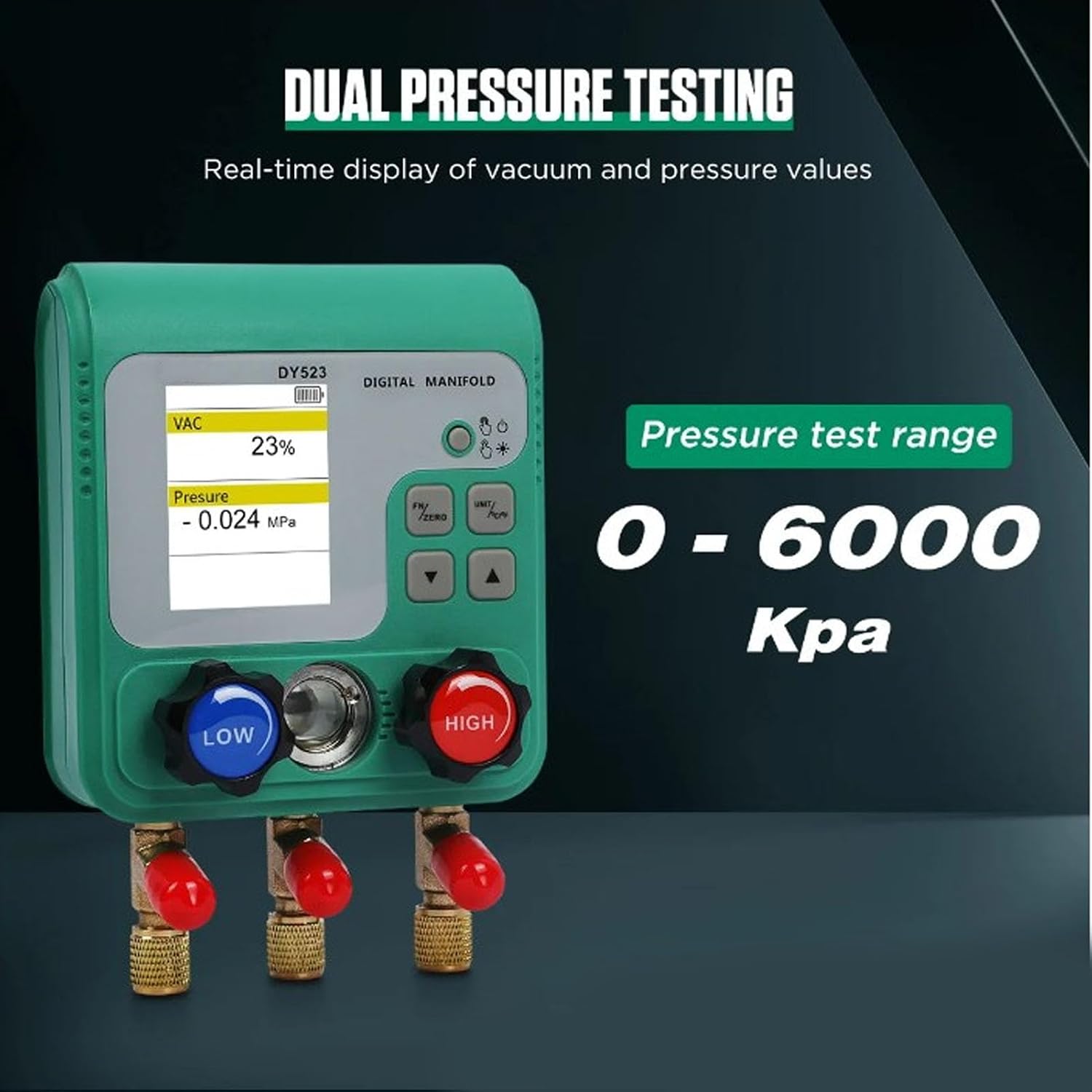 Digital Manifold Gauge HVAC Vacuum Pressure and Air Tightness Tester for Car AC and Refrigerator Maintenance - 0 to 6000 kPa Range - 32 Bit Processing Unit and Brass Valve