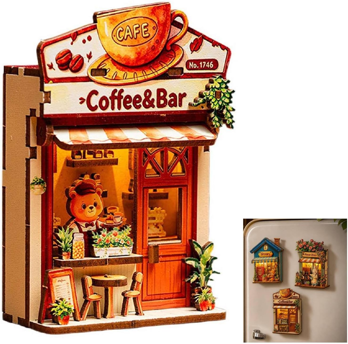 DIY Miniature Wooden House Model Fridge Magnet Kit, Magnet Building Doll House 3D Puzzles with Led Light for Fridge & Desk Bookshelf Decor, 3D Puzzles Tiny Room Crafts Ornament Gifts (Coffee Bear)