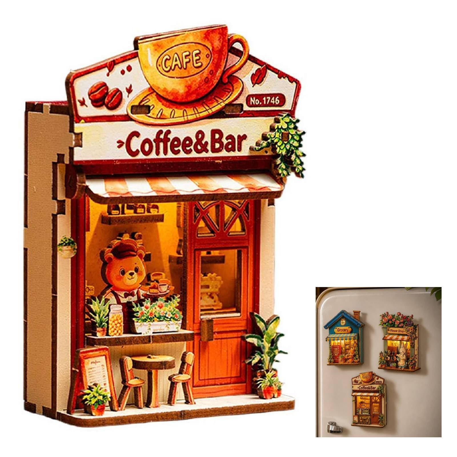 Diy Miniature Wooden House Model Fridge Magnet Kit, Magnet Building Doll House 3D Puzzles With Led Light for Fridge & Desk Bookshelf Decor, 3D Puzzles Tiny Room Crafts Ornament Gifts (Coffee Bear)